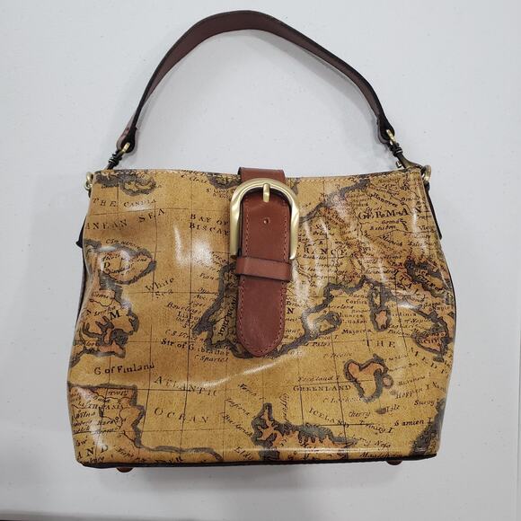 Patricia Nash Whimsy Pirate Fairy Bag Brown Map Print Leather Shoulder Bag Purse - Picture 1 of 14